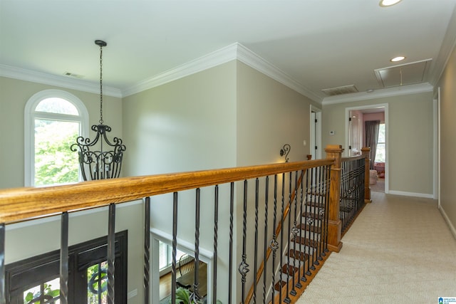 1020 Dunsmore Dr, Chelsea, AL 35043 - corridor with attic access, an upstairs landing, carpet floors, crown molding, and baseboards