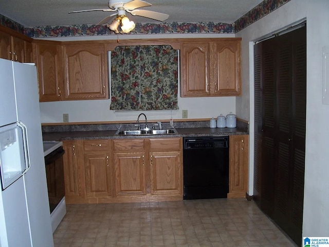 421 Valley Crest Dr, Birmingham, AL 35215 - kitchen featuring black dishwasher, a sink, white refrigerator with ice dispenser, electric range oven, and a ceiling fan