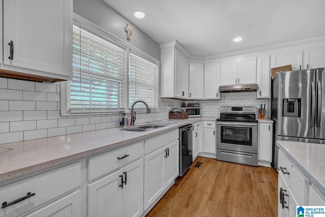 1115 Park Ave, Oneonta, AL 35121 - kitchen with appliances with stainless steel finishes, a sink, under cabinet range hood, white cabinets, and backsplash