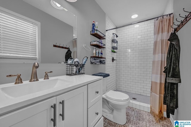 1115 Park Ave, Oneonta, AL 35121 - bathroom with toilet, a shower stall, vanity, tile patterned floors, and recessed lighting