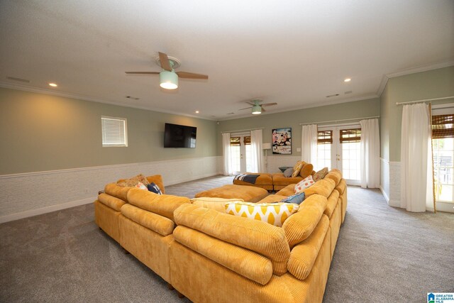 967 Wright Way Dr, Wedowee, AL 36278 - living room with carpet flooring, a wainscoted wall, a ceiling fan, recessed lighting, and french doors