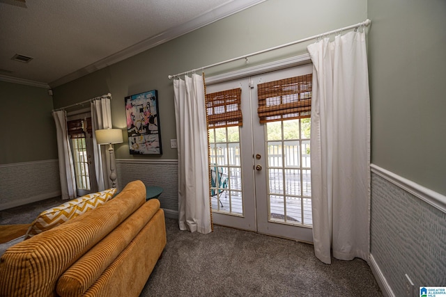 967 Wright Way Dr, Wedowee, AL 36278 - doorway with french doors, carpet flooring, crown molding, and wainscoting