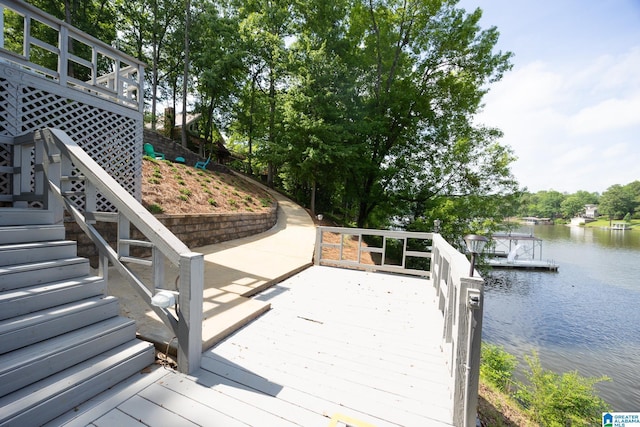 967 Wright Way Dr, Wedowee, AL 36278 - wooden deck with a water view, stairs, and a dock