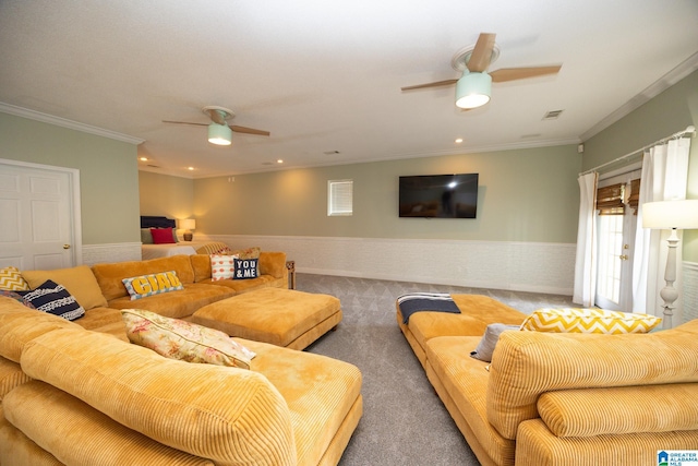 967 Wright Way Dr, Wedowee, AL 36278 - carpeted living room featuring ceiling fan, ornamental molding, recessed lighting, and wainscoting