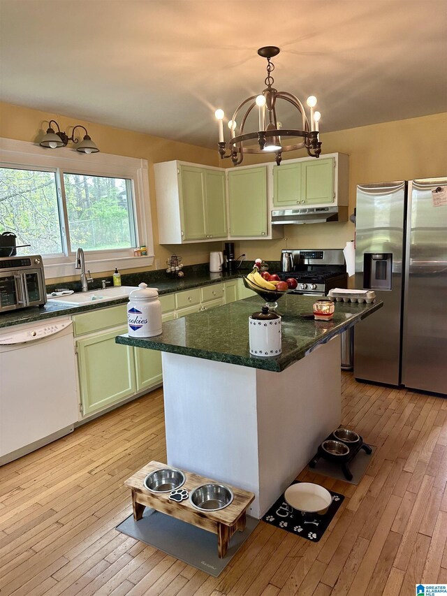 12325 US Highway 411 N, Centre, AL 35960 - kitchen featuring appliances with stainless steel finishes, green cabinetry, under cabinet range hood, and a sink