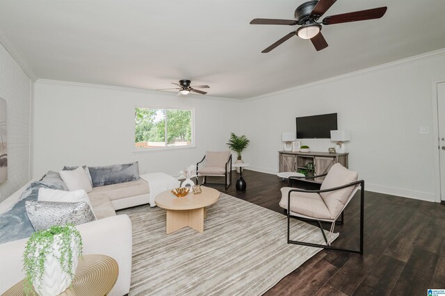 732 Highland Ave, Birmingham, AL 35206 - living room with ceiling fan, crown molding, dark wood-style floors, and baseboards