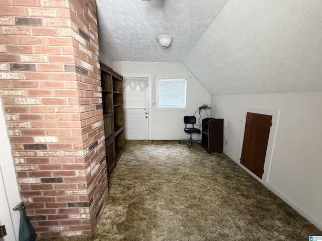 1790 Mount View Rd, Wellington, AL 36279 - additional living space featuring a textured ceiling, vaulted ceiling, dark colored carpet, and baseboards