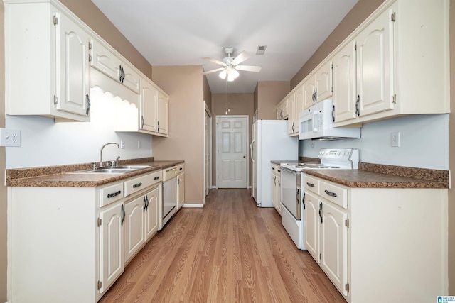 4244 Cobblestone Ct, Pinson, AL 35126 - kitchen featuring white appliances, a sink, a ceiling fan, light wood-style floors, and white cabinetry