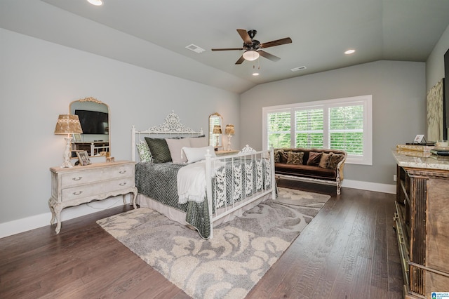 2021 Kinzel Ln, Birmingham, AL 35242 - bedroom featuring lofted ceiling, baseboards, dark wood-type flooring, recessed lighting, and a ceiling fan