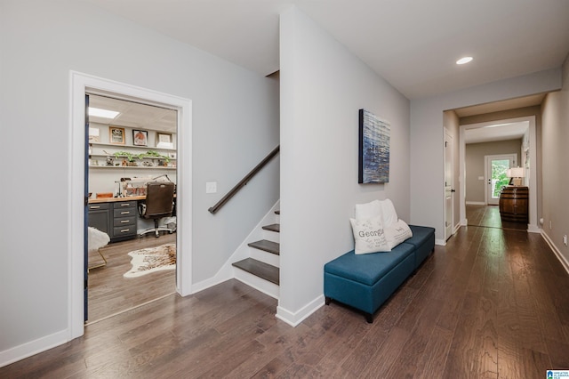 2021 Kinzel Ln, Birmingham, AL 35242 - hall featuring dark wood-type flooring, stairway, baseboards, a desk, and recessed lighting