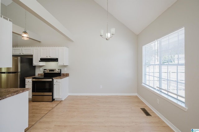 1012 Hickory St, Moody, AL 35004 - kitchen with stainless steel appliances, exhaust hood, plenty of natural light, light wood-type flooring, and high vaulted ceiling