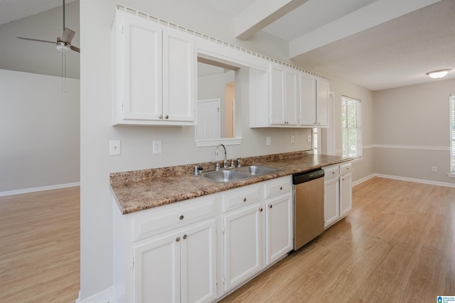 1012 Hickory St, Moody, AL 35004 - kitchen featuring a sink, dishwasher, light wood finished floors, white cabinetry, and beamed ceiling