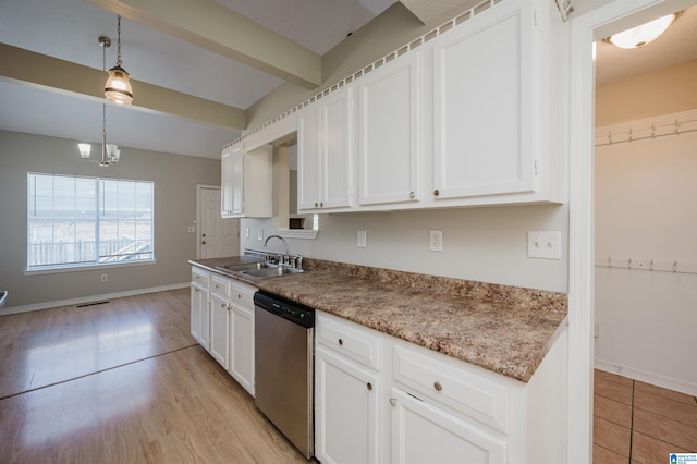 1012 Hickory St, Moody, AL 35004 - kitchen featuring dishwasher, a sink, white cabinetry, baseboards, and beam ceiling