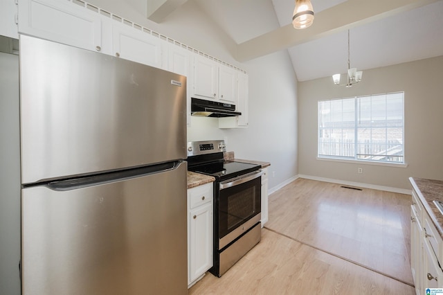 1012 Hickory St, Moody, AL 35004 - kitchen featuring stainless steel appliances, lofted ceiling, under cabinet range hood, light wood finished floors, and white cabinets