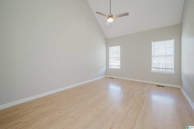 1012 Hickory St, Moody, AL 35004 - spare room with high vaulted ceiling, light wood-style flooring, baseboards, and a ceiling fan