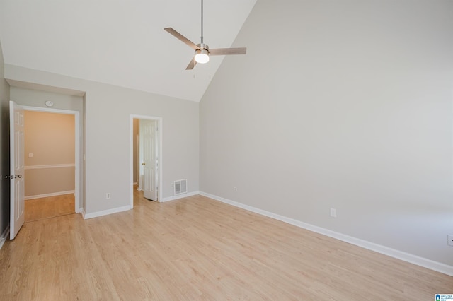 1012 Hickory St, Moody, AL 35004 - unfurnished bedroom with light wood finished floors, high vaulted ceiling, baseboards, and ceiling fan
