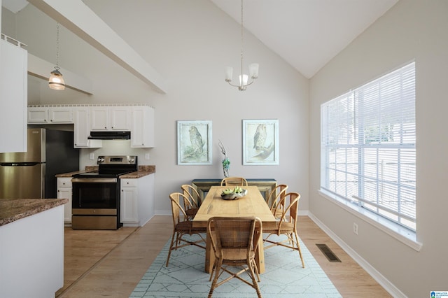 1012 Hickory St, Moody, AL 35004 - dining room with healthy amount of natural light, light wood finished floors, high vaulted ceiling, a chandelier, and baseboards
