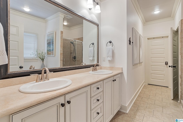 1517 Laurens St, Birmingham, AL 35242 - full bathroom featuring ornamental molding, a stall shower, double vanity, baseboards, and tile patterned floors