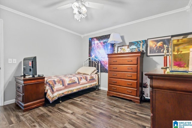2523 County Road 222, Cullman, AL 35057 - bedroom with dark wood-type flooring, crown molding, a ceiling fan, and baseboards