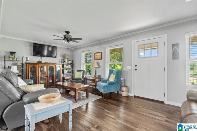 2523 County Road 222, Cullman, AL 35057 - living room with wood finished floors, a ceiling fan, ornamental molding, and baseboards
