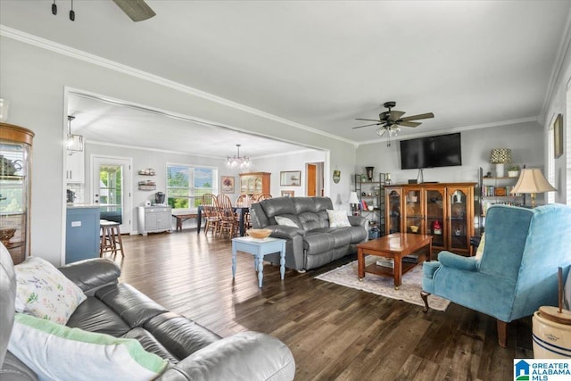 2523 County Road 222, Cullman, AL 35057 - living room with a ceiling fan, dark wood-style flooring, ornamental molding, and a chandelier