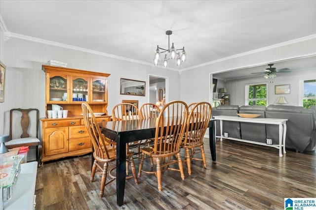 2523 County Road 222, Cullman, AL 35057 - dining room featuring ornamental molding, dark wood-type flooring, a chandelier, and a ceiling fan
