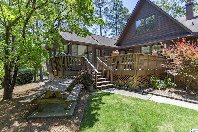 3300 Shetland Trce, Birmingham, AL 35242 - rear view of property with a wooden deck, a sunroom, a chimney, a yard, and roof with shingles