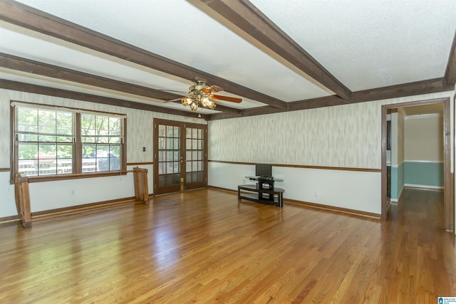 3300 Shetland Trce, Birmingham, AL 35242 - empty room with french doors, a ceiling fan, baseboards, wood finished floors, and beamed ceiling