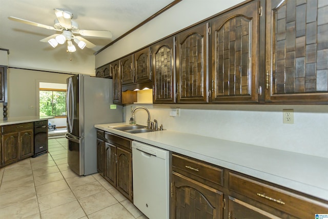 3300 Shetland Trce, Birmingham, AL 35242 - kitchen featuring dishwasher, a sink, ceiling fan, dark brown cabinets, and light tile patterned floors