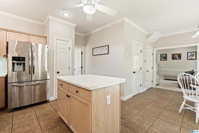 1709 Wakefield Dr, Hoover, AL 35216 - kitchen featuring stainless steel refrigerator with ice dispenser, light brown cabinetry, crown molding, tile patterned flooring, and light countertops