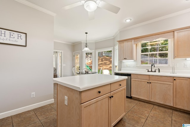 1709 Wakefield Dr, Hoover, AL 35216 - kitchen with light brown cabinetry, stainless steel dishwasher, a sink, crown molding, and recessed lighting