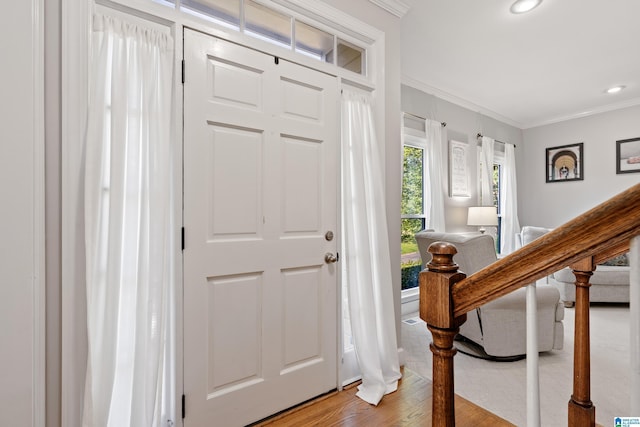 1709 Wakefield Dr, Hoover, AL 35216 - foyer entrance with crown molding, light wood-type flooring, and recessed lighting
