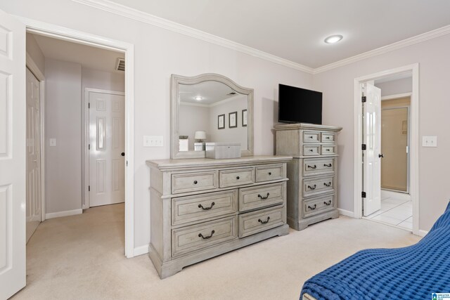1709 Wakefield Dr, Hoover, AL 35216 - bedroom featuring light carpet, baseboards, and crown molding