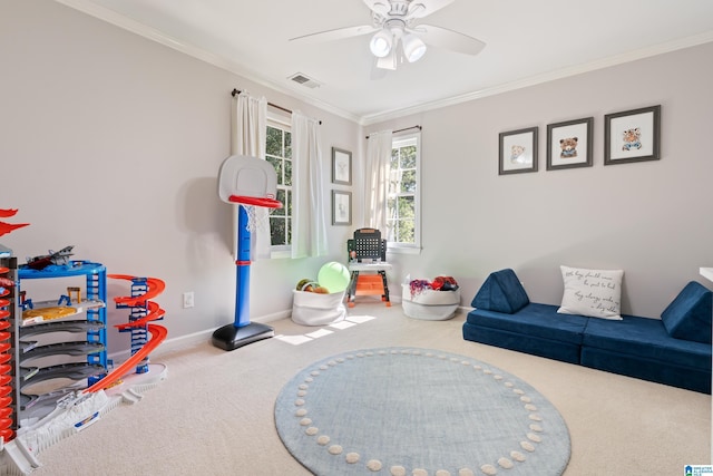 1709 Wakefield Dr, Hoover, AL 35216 - playroom with carpet floors, ceiling fan, baseboards, and ornamental molding