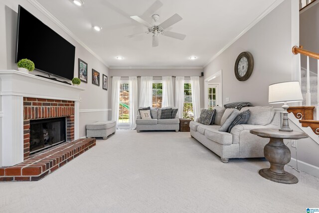 1709 Wakefield Dr, Hoover, AL 35216 - living area with a fireplace, carpet flooring, crown molding, a ceiling fan, and stairway
