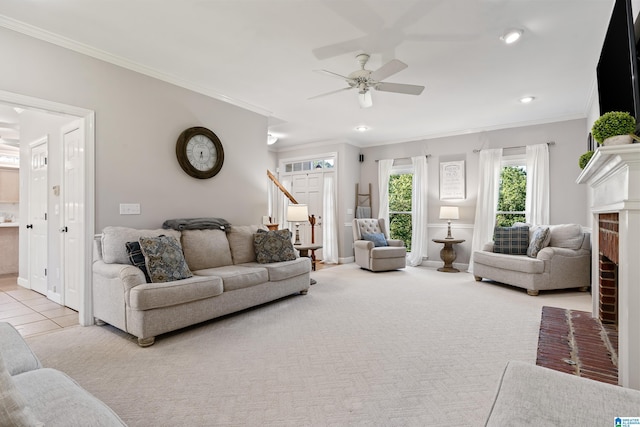 1709 Wakefield Dr, Hoover, AL 35216 - living area with ornamental molding, ceiling fan, a brick fireplace, and recessed lighting