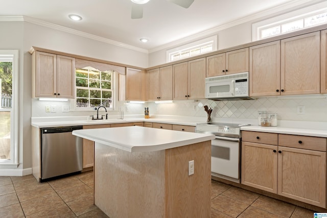 1709 Wakefield Dr, Hoover, AL 35216 - kitchen featuring white appliances, light brown cabinets, light tile patterned floors, light countertops, and decorative backsplash