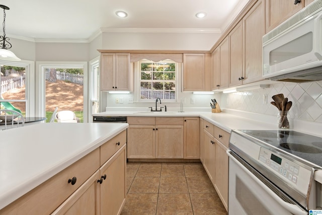 1709 Wakefield Dr, Hoover, AL 35216 - kitchen with white appliances, light brown cabinetry, a sink, tasteful backsplash, and ornamental molding