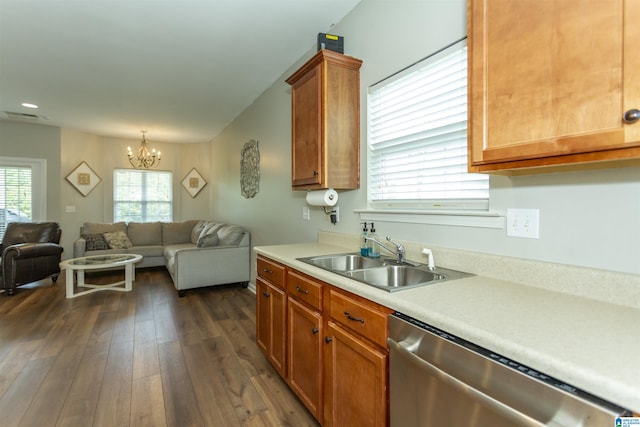1009 Fairbank Ln, Chelsea, AL 35043 - kitchen with dishwasher, a sink, open floor plan, light countertops, and a chandelier