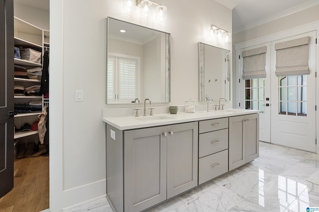 3 Troon, Birmingham, AL 35242 - full bathroom with crown molding, double vanity, and a spacious closet