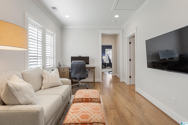 3 Troon, Birmingham, AL 35242 - living room with light wood finished floors, ornamental molding, baseboards, an office area, and recessed lighting