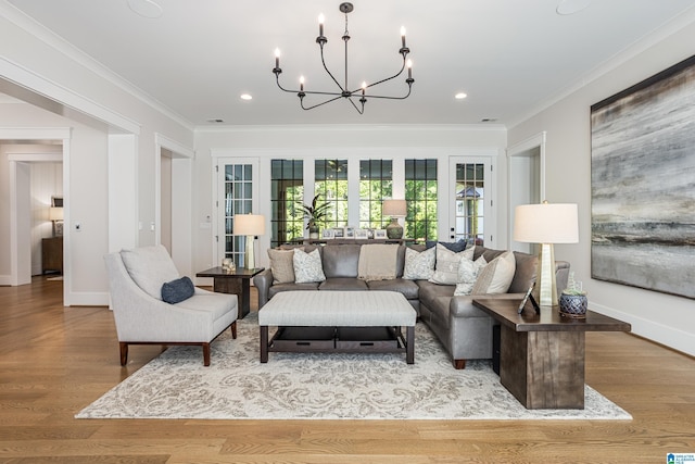 3 Troon, Birmingham, AL 35242 - living area featuring ornamental molding, a chandelier, recessed lighting, wood finished floors, and baseboards