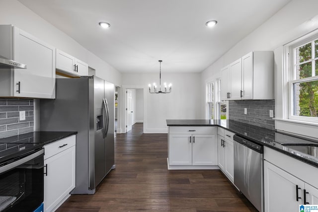 3010 15th St, Ensley, Birmingham, AL 35208 - kitchen featuring appliances with stainless steel finishes, a chandelier, a peninsula, dark wood-type flooring, and tasteful backsplash