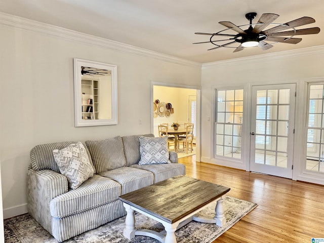 200 Quail Ridge Rd, Oneonta, AL 35121 - living room featuring ornamental molding, light wood-style flooring, a ceiling fan, and baseboards