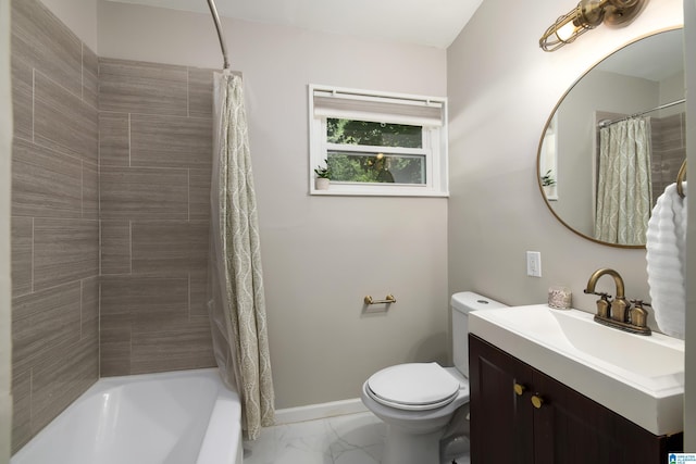 1345 Cresthill Rd, Birmingham, AL 35213 - bathroom featuring marble look tiles, vanity, toilet, shower / bath combo with shower curtain, and baseboards