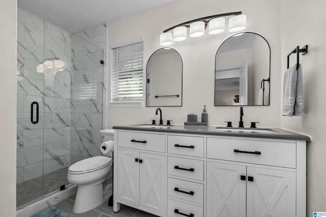 204 Forest Pkwy, Alabaster, AL 35007 - bathroom with double vanity, toilet, a stall shower, and marble finish floors