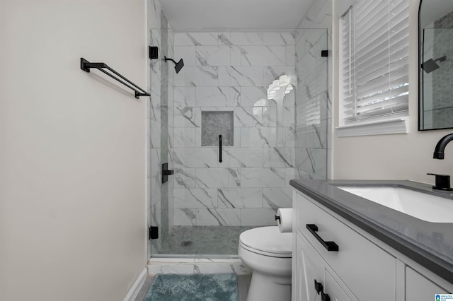 204 Forest Pkwy, Alabaster, AL 35007 - full bathroom with marble look tiles, vanity, toilet, a stall shower, and baseboards