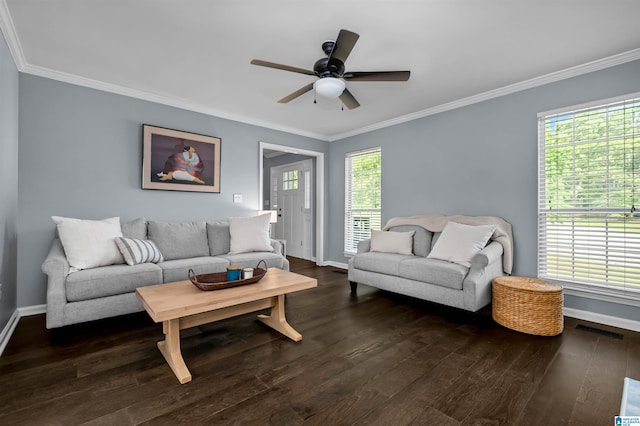 204 Forest Pkwy, Alabaster, AL 35007 - living area featuring baseboards, dark wood finished floors, ornamental molding, and ceiling fan