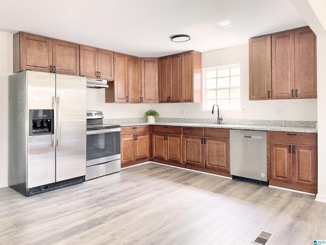 2723 6th St NE, Center Point, AL 35215 - kitchen with stainless steel appliances, under cabinet range hood, light wood-type flooring, brown cabinets, and a sink