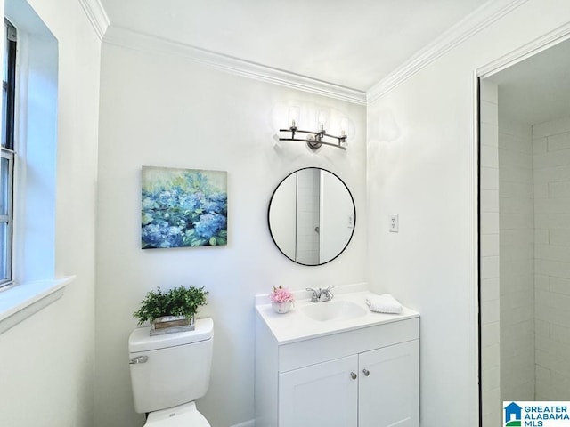2723 6th St NE, Center Point, AL 35215 - full bathroom with vanity, toilet, crown molding, and a tile shower